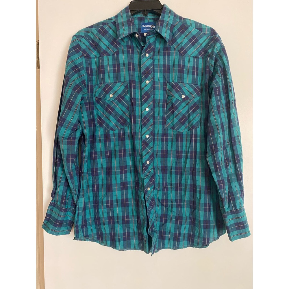 Wrangler Western Shirt Pearl Snap Plaid Flannel Mens Large Cowboy Green Blue